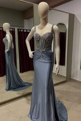 Dreamyannie Dusty Blue Prom Dress Mermaid Spaghetti Straps Satin Rhinestones Formal Dress