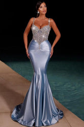 Dreamyannie Dusty Blue Prom Dress Mermaid Spaghetti Straps Satin Rhinestones Formal Dress