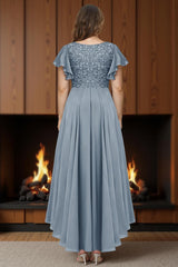 Dreamyannie Dusty Blue Ruffled Sheath Chiffon Ankle Length Plus Size Mother Of The Bride Dress