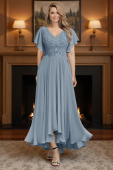 Dreamyannie Dusty Blue Ruffled Sheath Chiffon Ankle Length Plus Size Mother Of The Bride Dress