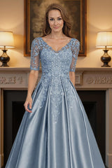 Dreamyannie Dusty Blue V Neck A Line Floor Length Mother Of The Bride Dress With Lace