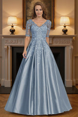 Dreamyannie Dusty Blue V Neck A Line Floor Length Mother Of The Bride Dress With Lace