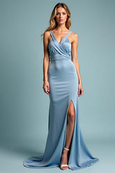 Dreamyannie Dusty Blue Wedding Guest Dress Sheath Spaghetti Straps Long Formal Dress With Slit