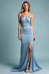 Dreamyannie Dusty Blue Wedding Guest Dress Sheath Spaghetti Straps Long Formal Dress With Slit