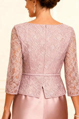 Dreamyannie Dusty Rose Bodycon Satin Knee Length Mother Of The Bride Dress With Lace