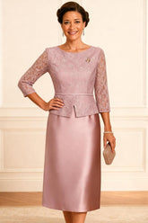 Dreamyannie Dusty Rose Bodycon Satin Knee Length Mother Of The Bride Dress With Lace