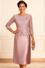 Dreamyannie Dusty Rose Bodycon Satin Knee Length Mother Of The Bride Dress With Lace