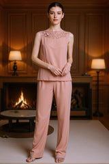 Dreamyannie Dusty Rose Floral Bateau Neck Chiffon 3 Piece Mother Of The Bride Pant Suits