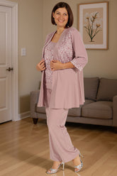 Dreamyannie Dusty Rose Floral Chiffon 3 Piece Mother Of The Bride Pant Suits With Jacket