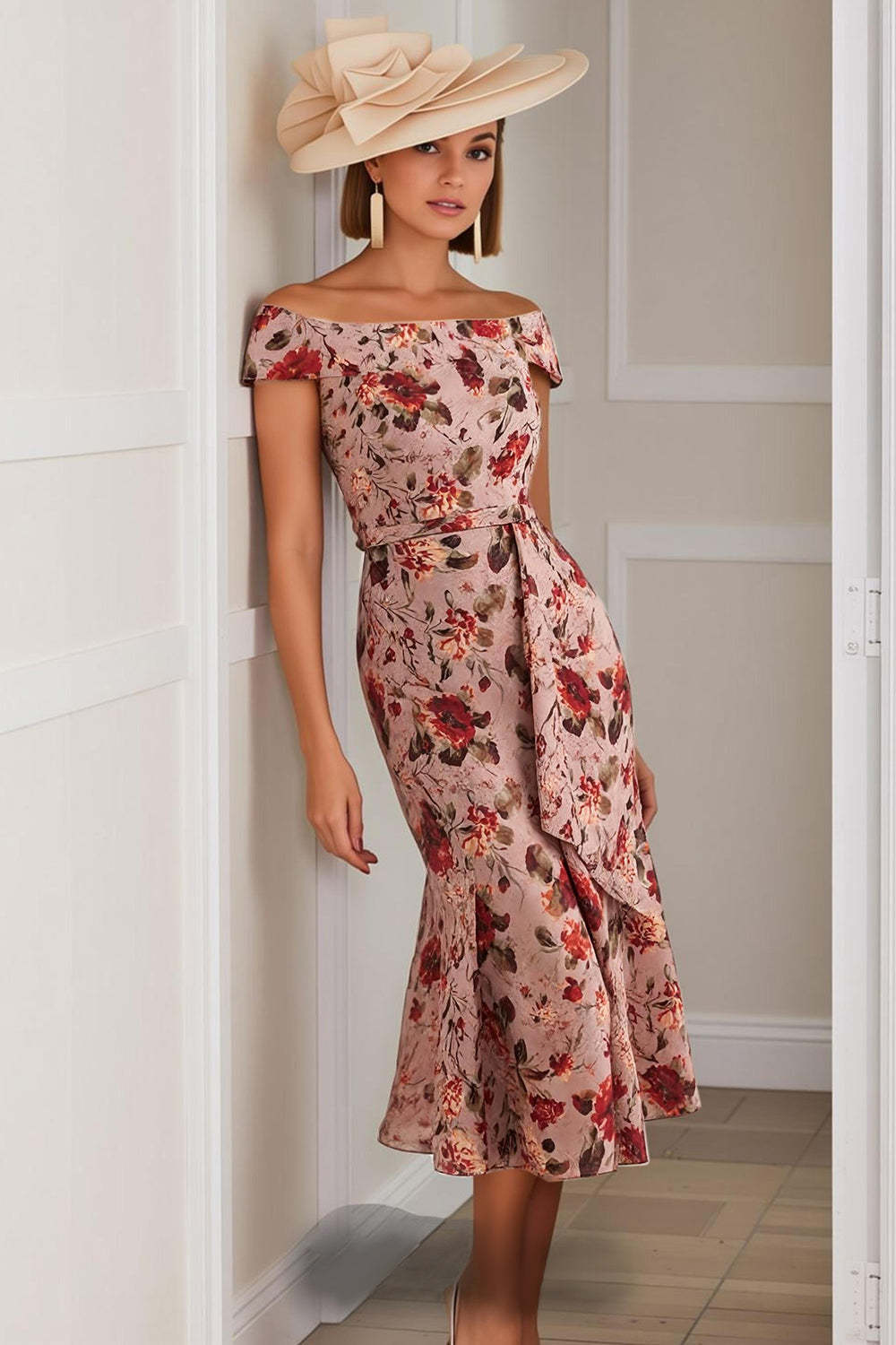 Dreamyannie Dusty Rose Floral Mermaid Off The Shoulder Midi Mother Of The Bride Dress