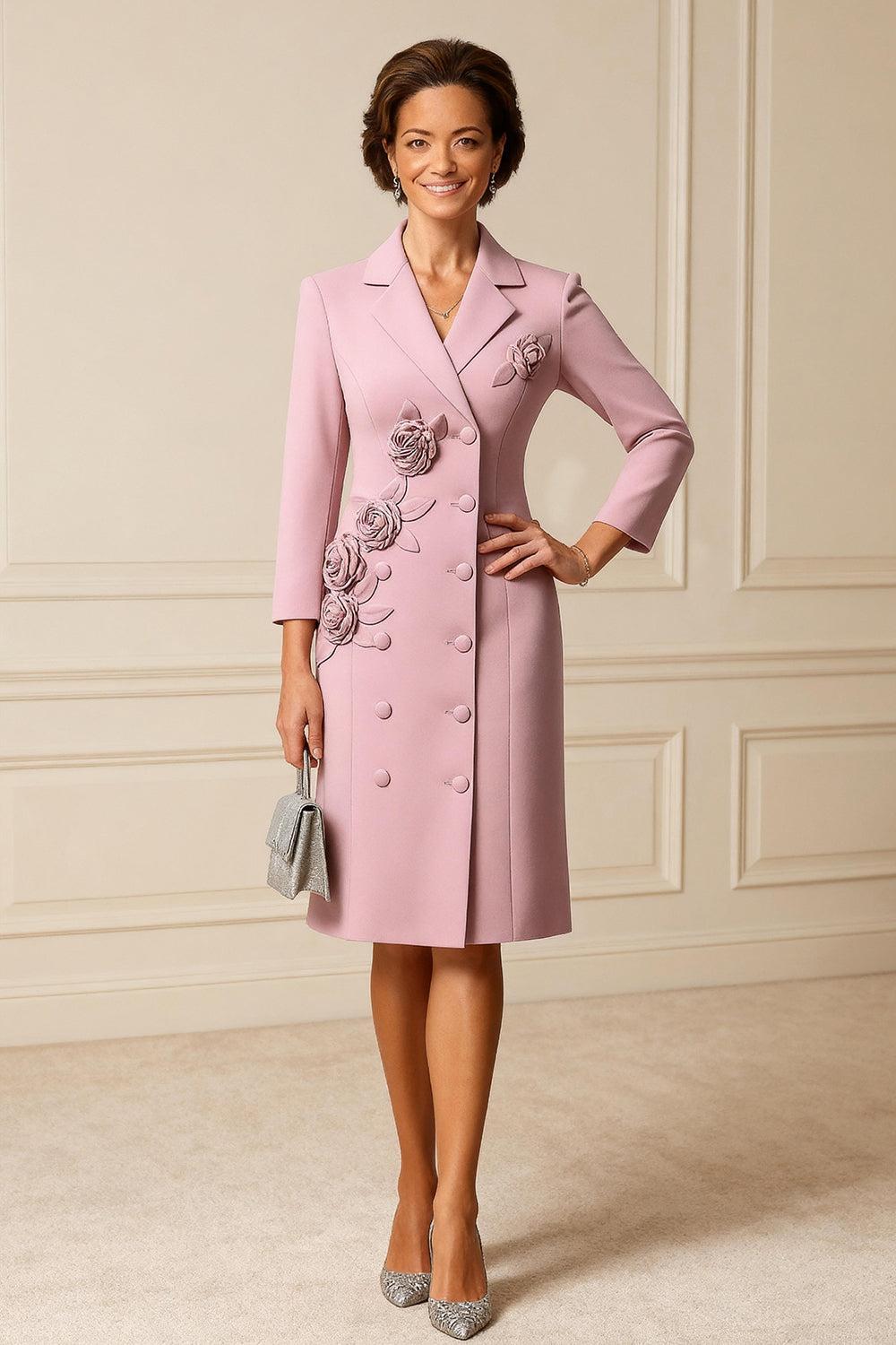 Dreamyannie Dusty Rose Floral Notched Lapel 2 Piece Knee Length Mother Of The Bride Dress