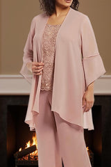 Dreamyannie Dusty Rose Round Neck Chiffon 3 Piece Mother Of The Bride Pant Suits With Lace