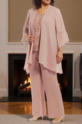 Dreamyannie Dusty Rose Round Neck Chiffon 3 Piece Mother Of The Bride Pant Suits With Lace