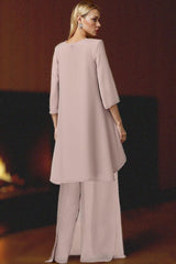 Dreamyannie Dusty Rose V Neck Chiffon 3 Piece Mother Of The Bride Pant Suits With Jacket