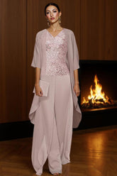 Dreamyannie Dusty Rose V Neck Chiffon 3 Piece Mother Of The Bride Pant Suits With Jacket