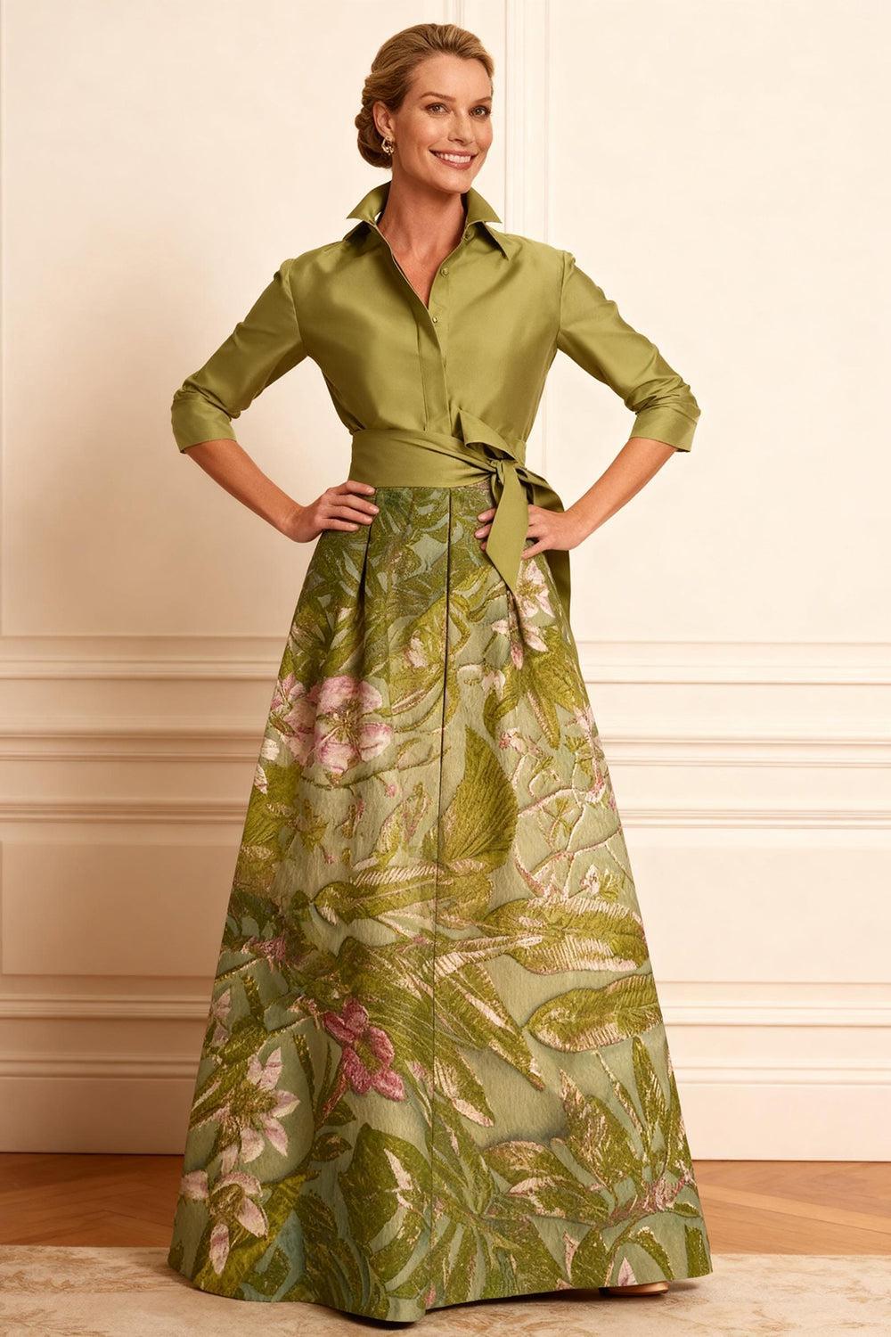 Dreamyannie Dusty Sage A Line Embroidered Floor Length Mother Of The Bride Dress With Bow