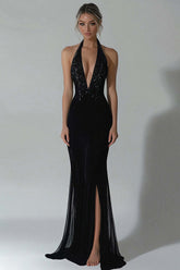 Dreamyannie Elegant Black Wedding Guest Dress Halter Mermaid Formal Dress With Slit