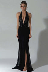 Dreamyannie Elegant Black Wedding Guest Dress Halter Mermaid Formal Dress With Slit