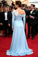 Dreamyannie Elegant Blue Wedding Guest Dress A Line 3D Flowers Long Gala Dress With Long Sleeves