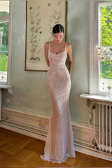 Dreamyannie Elegant Light Champagne Sequin Bodycon Spaghetti Strap Prom Gown Formal Evening Gown