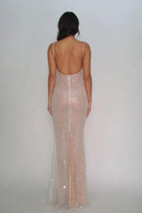 Dreamyannie Elegant Light Champagne Sequin Bodycon Spaghetti Strap Prom Gown Formal Evening Gown