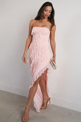 Dreamyannie Elegant Pink Strapless Cascading Ruffle Long Prom Evening Dress Formal Evening Gown