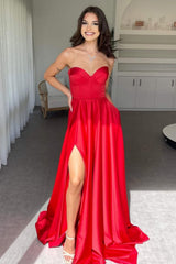 Dreamyannie Elegant Red Sweetheart Satin A-Line Prom Dress With High Leg Slit Formal Evening Gown