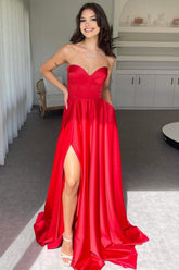 Dreamyannie Elegant Red Sweetheart Satin A-Line Prom Dress With High Leg Slit Formal Evening Gown