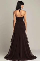 Dreamyannie Elegant Sweetheart Ruched Dark Brown Long Formal Dress With Ruffles