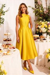Dreamyannie Elegant Yellow Satin A Line Tea Length Mother Of The Bride Dress