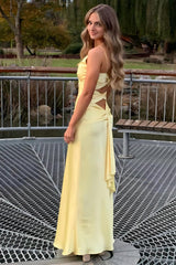 Dreamyannie Elegant Yellow V-Neck Back Satin Gown With Front Twist Formal Evening Gown
