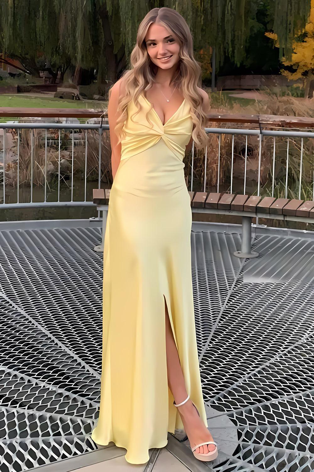 Dreamyannie Elegant Yellow V-Neck Back Satin Gown With Front Twist Formal Evening Gown