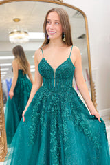 Dreamyannie Emerald Green Prom Dress Floral A-Line Spaghetti Straps Evening Dress