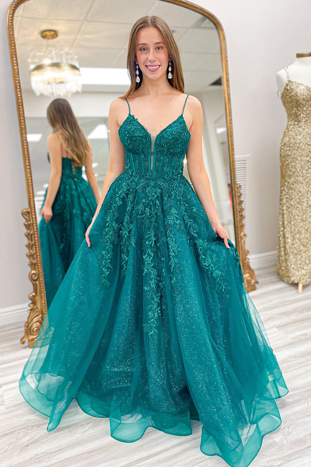 Dreamyannie Emerald Green Prom Dress Floral A-Line Spaghetti Straps Evening Dress