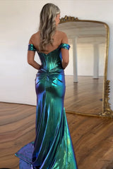 Dreamyannie Emerald Green Prom Dress Ruched Corset Metallic Mermaid Formal Dress With Slit