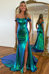 Dreamyannie Emerald Green Prom Dress Ruched Corset Metallic Mermaid Formal Dress With Slit