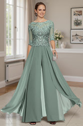 Dreamyannie Eucalyptus Chiffon Boat Neck Floor Length Mother Of The Bride Jumpsuits With Cape