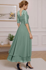 Dreamyannie Eucalyptus Ruffled A Line Ankle Length Mother Of The Bride Dress With Lace