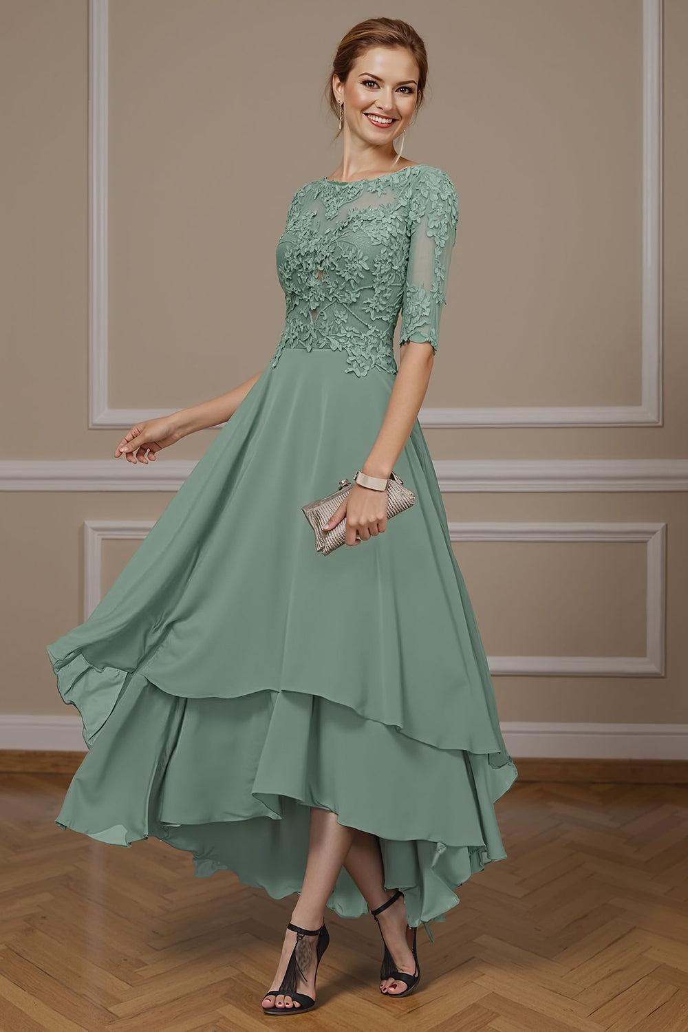 Dreamyannie Eucalyptus Ruffled A Line Ankle Length Mother Of The Bride Dress With Lace
