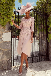 Dreamyannie Floral A Line Dusty Rose Midi Mother Of The Bride Dress With Sleeves
