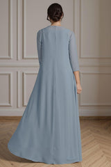 Dreamyannie Floral Dusty Blue A Line 2 Piece Floor Length Mother Of The Bride Dress With Jacket