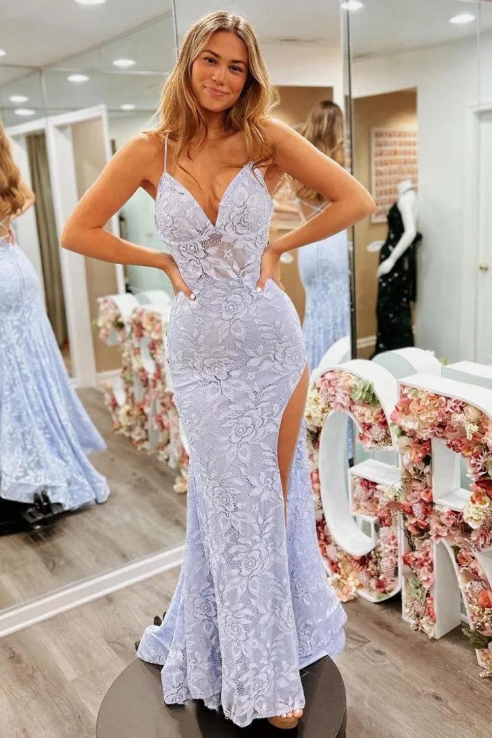 Dreamyannie Floral Lavender Lace Spaghetti Straps Lace Up Prom Gown With Slit Formal Evening Gown