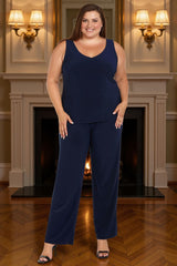 Dreamyannie Floral Navy Lace 3 Piece Plus Size Mother Of The Bride Pant Suits With Jacket