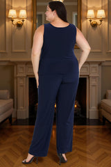 Dreamyannie Floral Navy Lace 3 Piece Plus Size Mother Of The Bride Pant Suits With Jacket