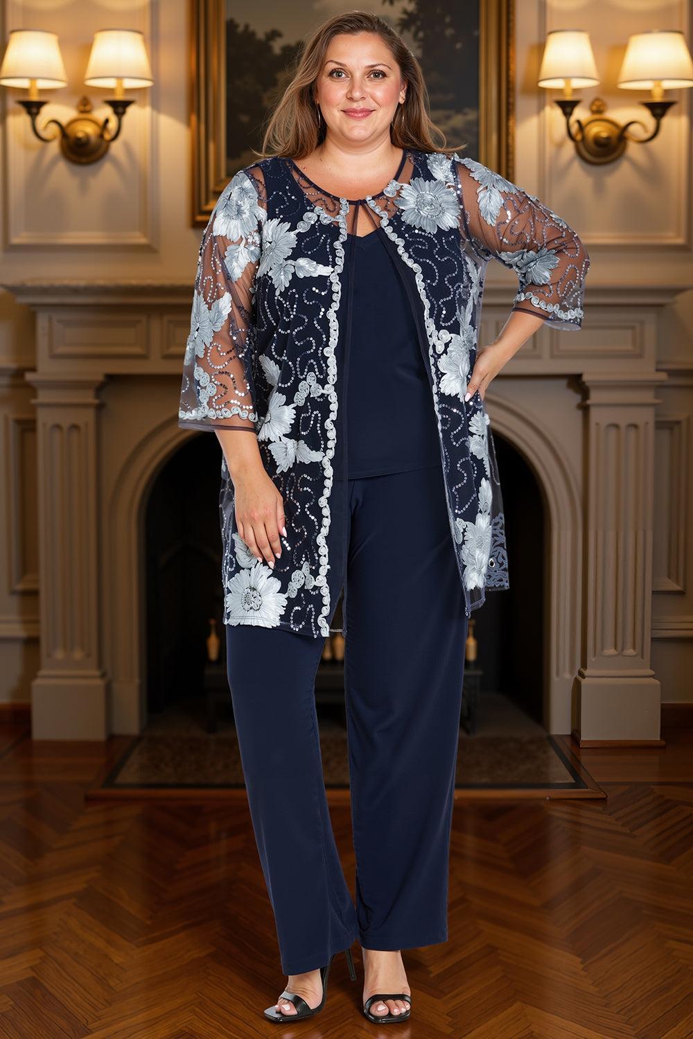 Dreamyannie Floral Navy Lace 3 Piece Plus Size Mother Of The Bride Pant Suits With Jacket