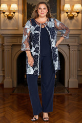 Dreamyannie Floral Navy Lace 3 Piece Plus Size Mother Of The Bride Pant Suits With Jacket