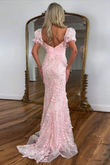 Dreamyannie Floral Pink Prom Dress Mermaid Long Formal Dress With Puffsleeves