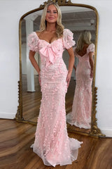 Dreamyannie Floral Pink Prom Dress Mermaid Long Formal Dress With Puffsleeves