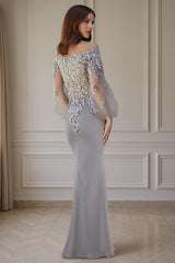 Dreamyannie Floral Silver Mermaid Off The Shoulder Floor Length Mother Of The Bride Dress