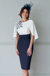 Dreamyannie Floral White And Navy Bodycon Midi Mother Of The Bride Dress With Cape